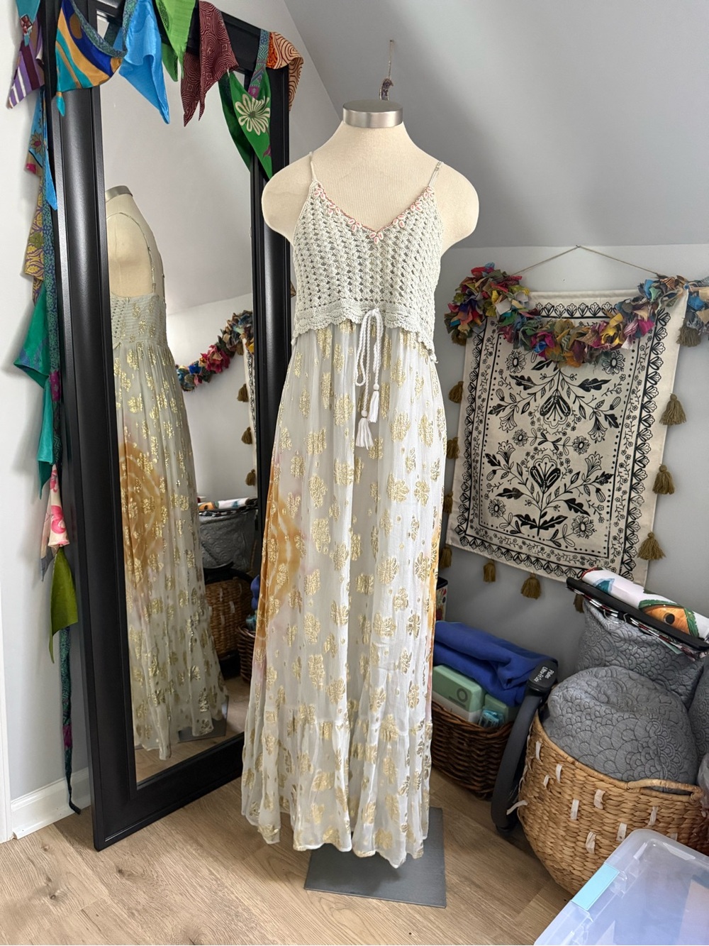 POL Bohemian Maxi Dress in Cream Crochet,Shells Beads, Mustard & Gold Metallic - Picture 3 of 10